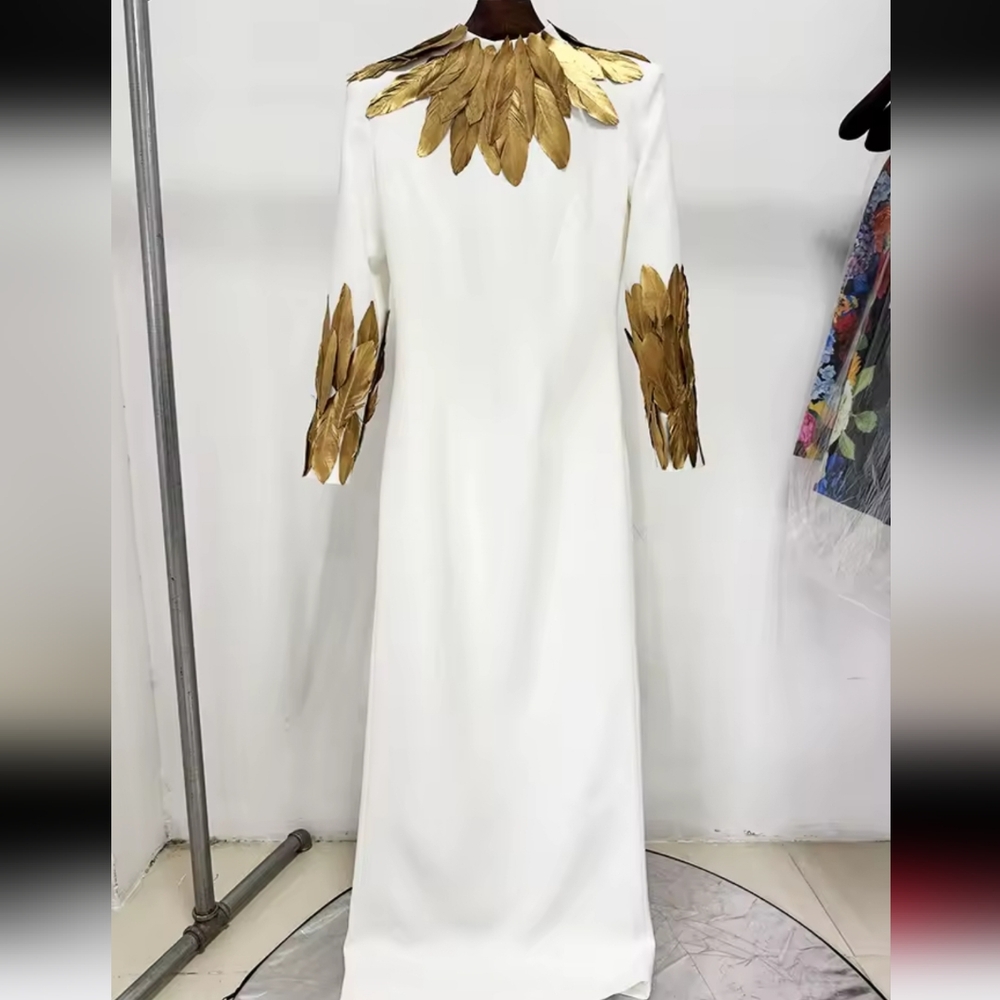 Elegant White and Gold Feather Dress